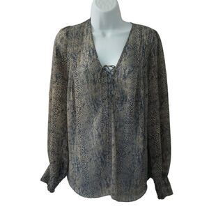 Vince Camuto Womens Blouse Snake Print Long Sleeve Lace-Up‎ Top Size Small